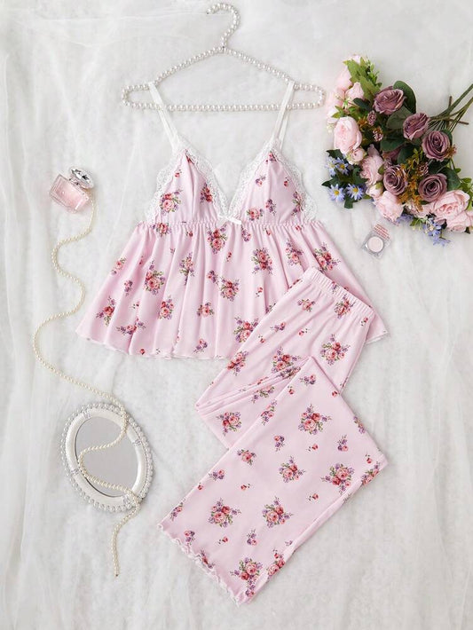 Women's Ditsy Floral Pajama Set V Neck Lace Patchwork Camisole And Pants Elegant Sleepwear Outfit Romantic Vacation Nightwear For Ladies