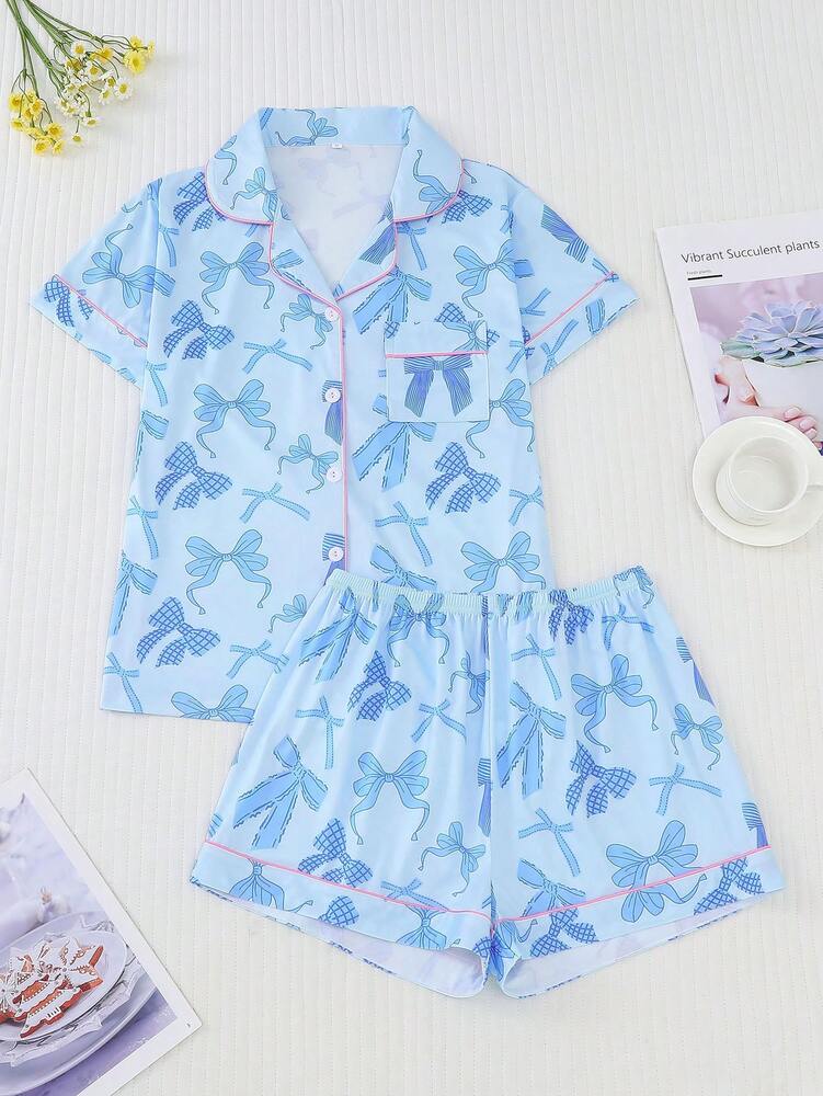 2pcs Women's Pajama Set Short Sleeve Button Shirt With Bow Print And Loose Shorts Comfortable Casual Loungewear Sleepwear All Seasons